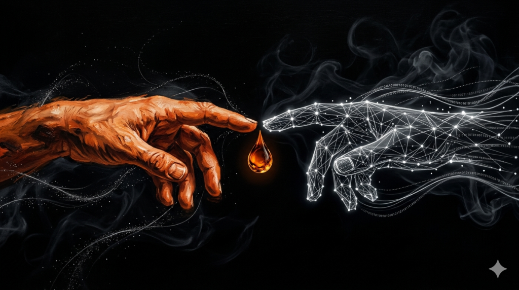 Sección transversal de barrica de roble con textura orgánica de madera que se disuelve en trazos de datos y partículas luminosas, ilustrando el uso de machine learning para predecir la maduración del whisky Título: Machine learning y maduración del whisky — usos reales de la IA en destilería Caption: Diageo y Heriot-Watt usan machine learning para predecir cómo evolucionará un whisky en barrica. IMAGEN 4 — El dilema: eficiencia o magia Nombre de archivo: ia-whisky-eficiencia-creatividad-dilema.webp Alt Text: Dos manos casi tocándose — una humana y una formada por geometría de datos — con una gota de whisky ámbar suspendida entre ellas, representando la tensión entre eficiencia algorítmica y creatividad humana en la producción de whisky