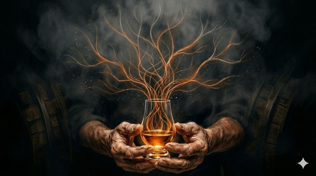 Imagen conceptual abstracta de manos sosteniendo una copa de whisky ámbar de la que emergen filamentos de luz orgánicos representando el machine learning aplicado a la predicción de sabor y maduración en barrica, creada con IA