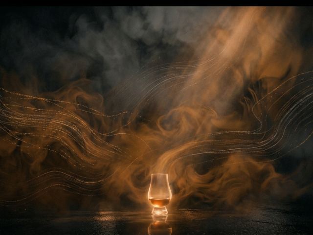 Copa de whisky Glencairn con humo y filamentos de datos en tonos ámbar y naranja, representando la tensión entre tradición e inteligencia artificial en la industria del whisky