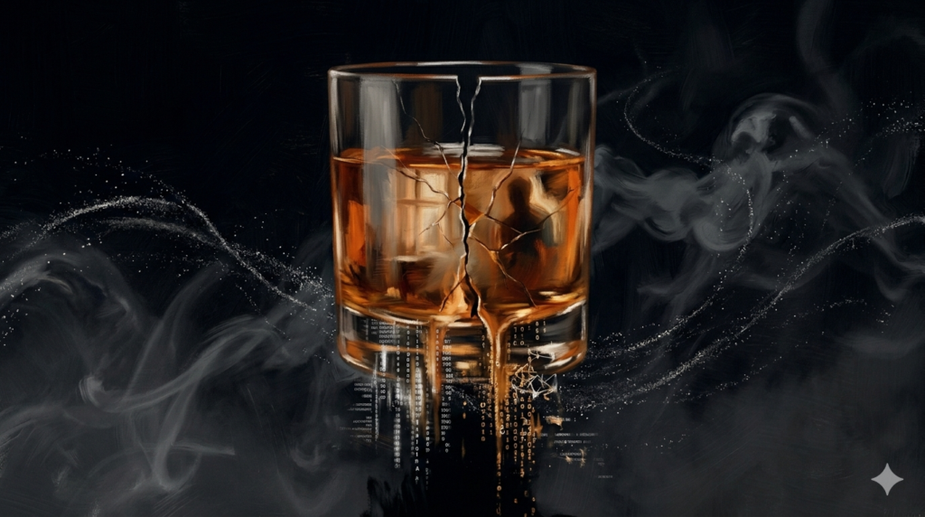 Copa de whisky fragmentada con líquido ámbar disolviéndose en datos luminosos, representando la quiebra de Mackmyra y el concepto de AI washing en la industria del whisky