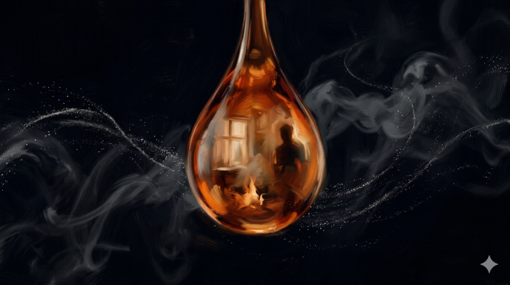 Gota de whisky ámbar suspendida en el aire con impresiones abstractas de recuerdos y memoria, ilustrando la conexión emocional entre el whisky y las experiencias personales